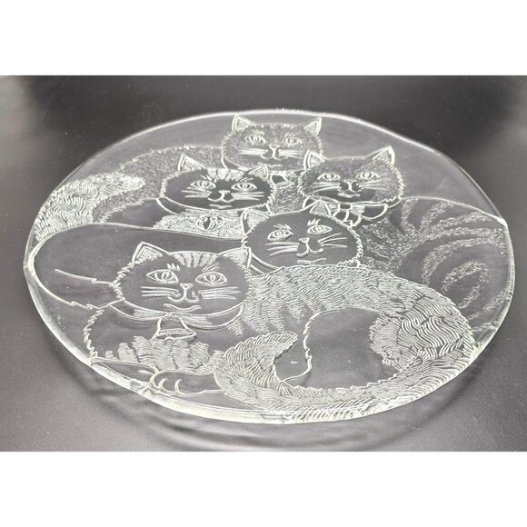 Vintage Cat Design Pilgrim Glass 13" Clear Party Platter Plate Handmade Dh1311 - Picture 1 of 7
